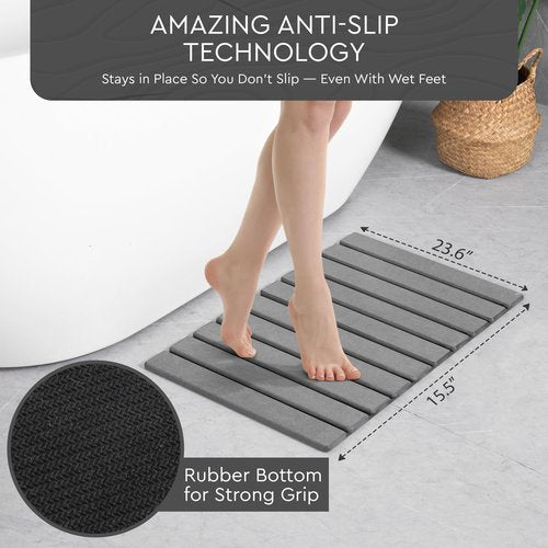 Foldable Stone Bath Mat | 23.6" x 15.4" Diatomaceous Earth Bath Mat with Anti-Slip Rubber Backing | Absorbent Bathroom Mat | Non Slip & Fast Drying Diatomite Stone Mat for Bathroom | Dark Grey