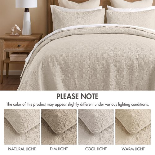 Madison Park Quebec King Size Quilt Bedding Set - Cream , Damask – 3 Piece Bedding Quilt Coverlets – Ultra Soft Microfiber Bed Quilts Quilted Coverlet
