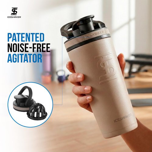 Ice Shaker Insulated Stainless Steel Shaker Bottle | 26oz, Java | Cold for 30+ Hours | Insulated Cup with Twist-on Agitator | Odor-Free Bottle for Protein Shakes, Water, Smoothies, Cocktails