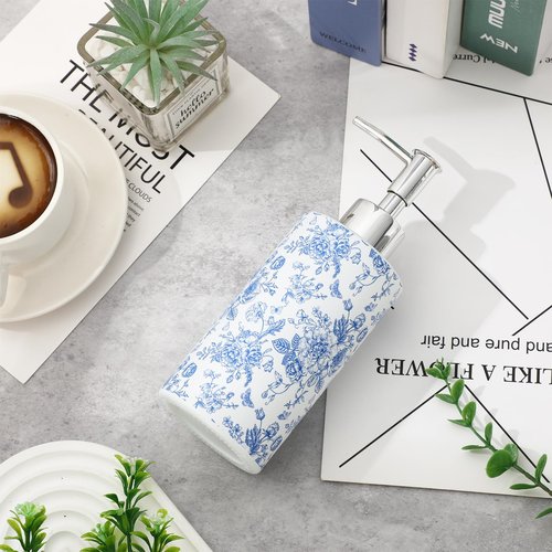 JarThenaAMCS Blue Floral Soap Dispenser Vintage Flower Butterfly Glass Dispenser with Pump Refillable Chinoiserie Liquid Soap Container for Farmhouse Home Kitchen Bathroom Countertop