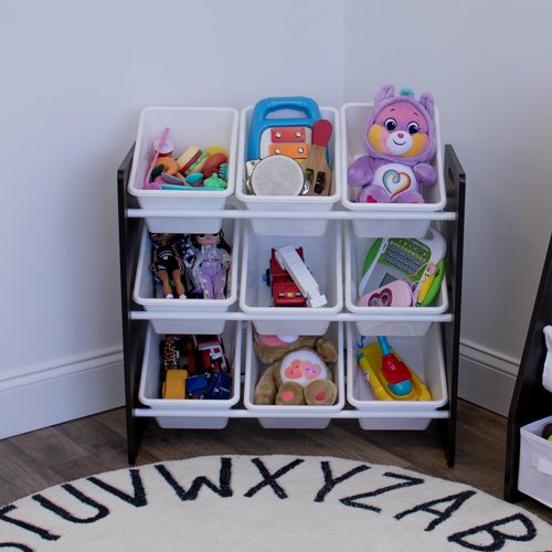 Humble Crew 9-Bin Toy Organizer – Journey Natural Espresso with White Plastic Bins, 3-Tier Storage Solution for Kids' Playrooms and Nurseries