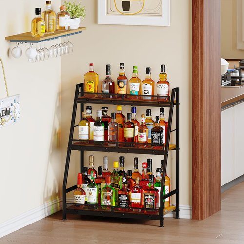 3-Tier (Safe Height for Kids & Pets) Expanded Liquor Stand, Trapezoid Wine Rack Freestanding Floor, Large-Capacity Bar Stand for Liquor Whiskey Wine Storage, Vintage Liquor Cabinet Bar for Home