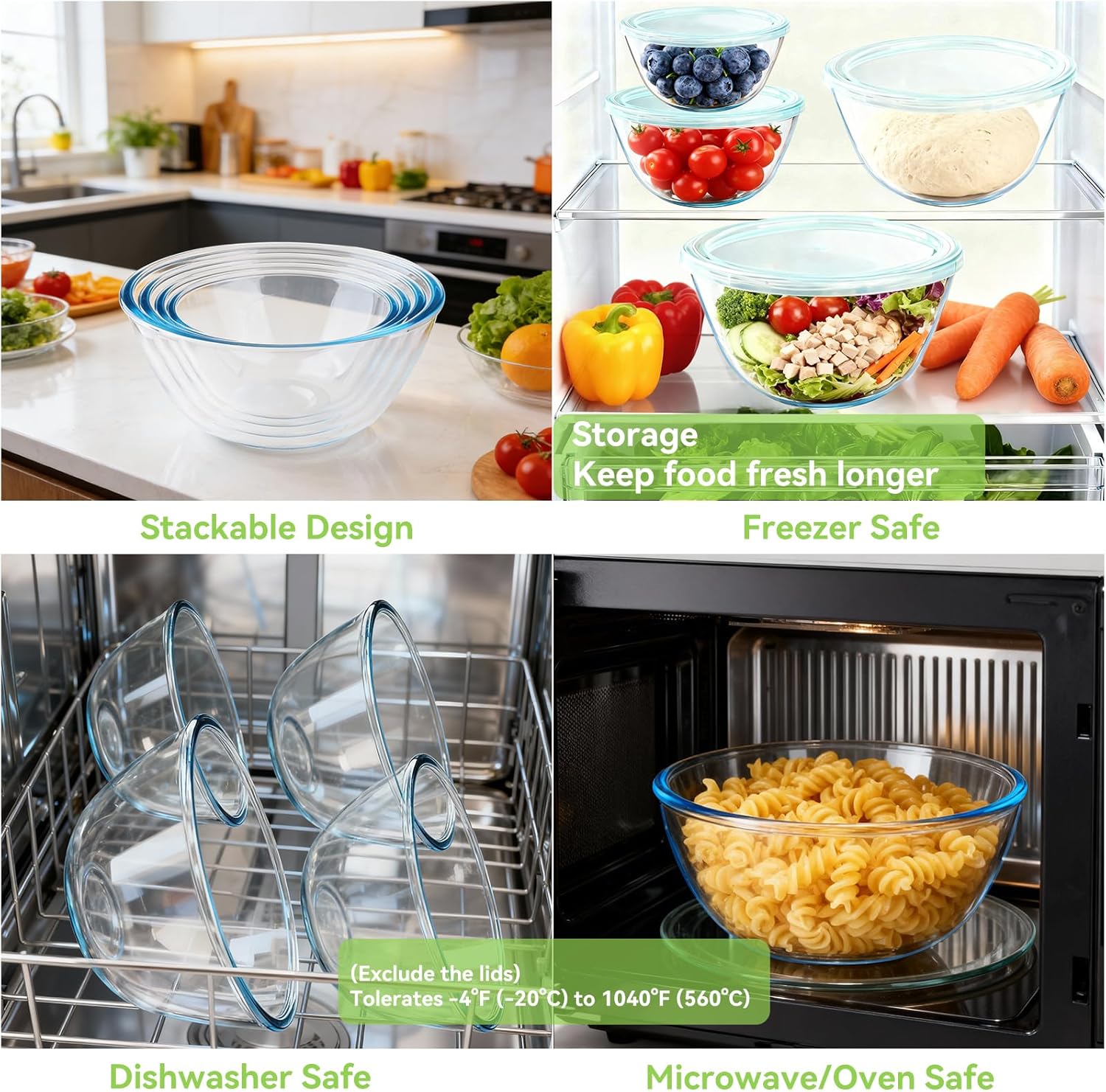 YUANYE Glass Mixing Bowls Set - 4 Pack with Lids | Thick, Nesting Kitchen Bowls for Cooking & Baking (3/1.7/0.9/0.6QT)