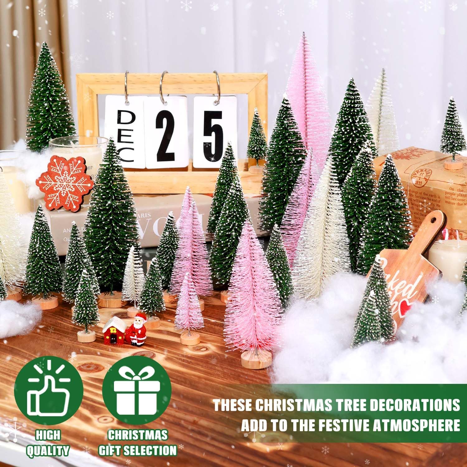 Skiennix 30Pcs Mini Christmas Trees - Artificial Bottle Brush Trees with Wooden Base for Holiday Decor | Green, Beige, Pink