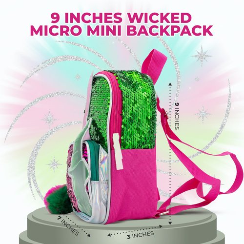 AI ACCESSORY INNOVATIONS Wicked 9” Micro Mini Backpack Purse Featuring Glinda & Elphaba 3D Character Patches, Shiney Sequins, & Pompom Dangle