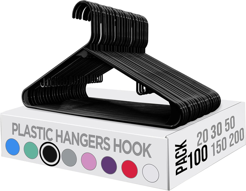 Utopia Home Plastic Hangers 100 Pack - Durable Space-Saving Closet Organizers - Essential for Shirts, Pants, Skirts & Coats (Black)