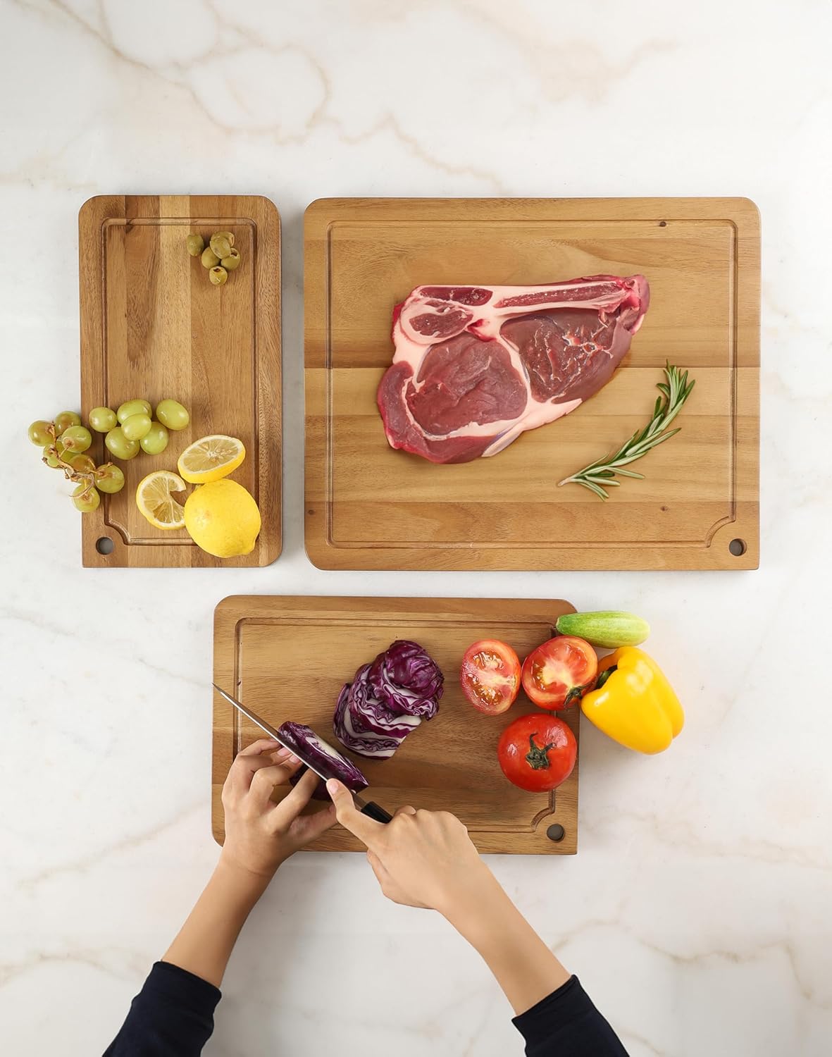 Sango Acacia Cutting Board Set - 3-Piece Wood Chopping Boards with Juice Grooves & Hanging Holes | Stackable, Reversible, Non-Toxic Design for Kitchen