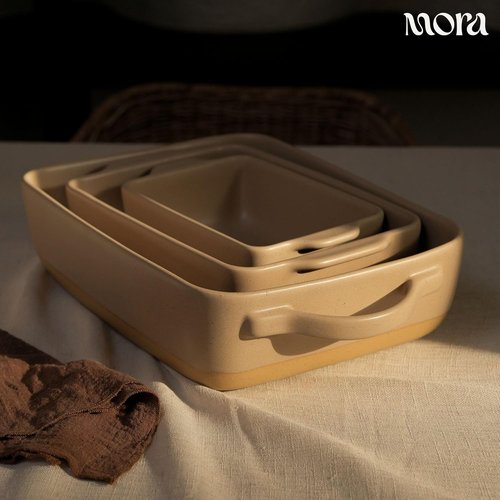 Mora Ceramic Baking Dishes Set of 2 - Versatile Porcelain Casserole & Loaf Pans | 7x11 in, Mushroom Color
