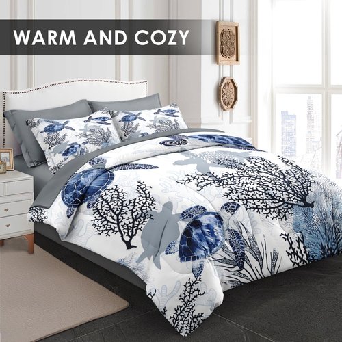 WeCozy 7 Pcs Queen Size Comforter Set with 2 Pillowcases & 2 Shams, Ocean Sea Coral Bedding for Kids and Adults, Blue Animal Turtle Bed in a Bag with Flat Fitted Sheet