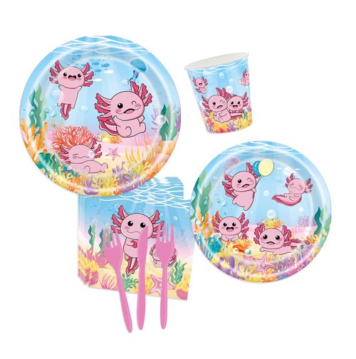 114Pcs Axolotl Birthday Party Supplies Include Happy Birthday Banner-Backdrop-Balloons-Cake Topper-Cupcake Toppers-Tableware-Plates-Napkins-Cups-Cutlery-Tablecloth for Axolotl Party Decorations