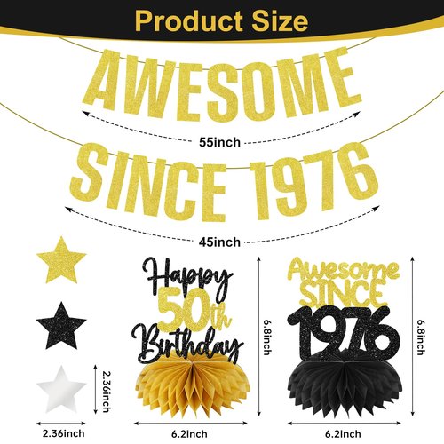 Zirtorei 50th Birthday Decorations Awesome Since 1976 Banner for Men Women, 4Pcs Black Gold 50 Birthday Hanging Sign Party Supplies, Fifty Year Old Bday Table Honeycomb Centerpieces