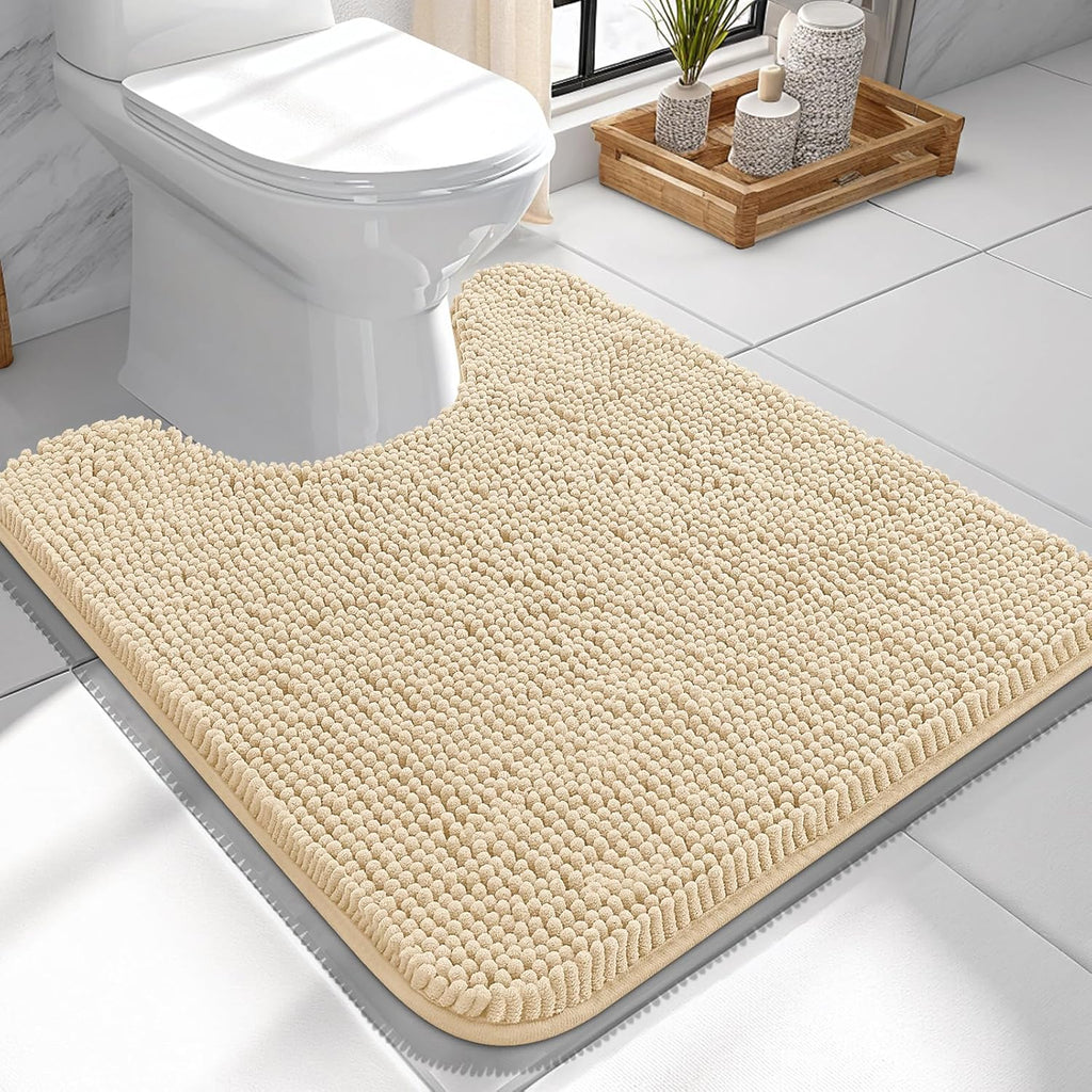 OLANLY U-Shaped Toilet Rug - Extra Soft Chenille Bath Mat, Quick-Dry & Non-Slip, 24x24, Beige