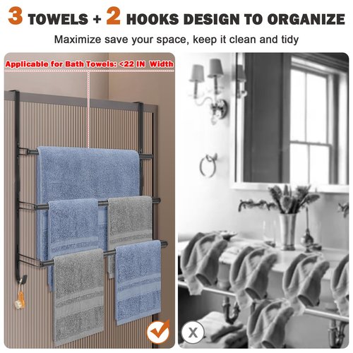 Livabber 3-Tier Over The Door Towel Rack, All Metal Towel Rack with Hooks for Door Hanging, Behind Door Towel Bar Towel Storage Holder for Bathroom Accessories, Black (22.8" L x 5.9" W x 24.4" H)