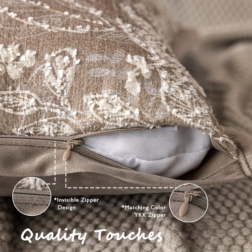 DWR Pack of 2 Decorative Throw Pillow Covers 18x18 – One Dark & One Light Khaki, Textured Woven Botanical Pattern Pillowcase with Handcrafted Look, Farmhouse Boho Accents for Couch or Bed