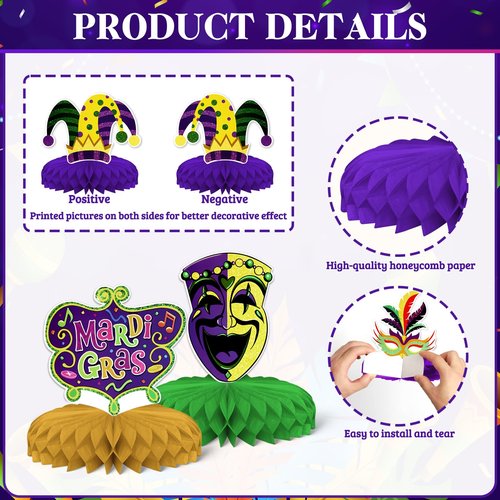 Mardi Gras Theme Party Decorations,8 PCS KSKSPE Mardi Gras Centerpieces for Tables Honeycomb Centerpieces 3D Mardi Gras Theme Party Decor Supplies Boys Girls