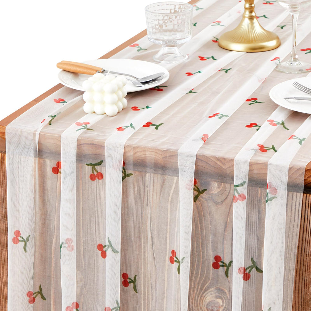 Windkream 2 Pack Cherry Table Runner 35x120 Inch Cherry Birthday Party Decorations Fruit Summer Lace Tulle Fabric Table Dining Room Kitchen Holiday Wedding Baby Shower Arch Veil Decor