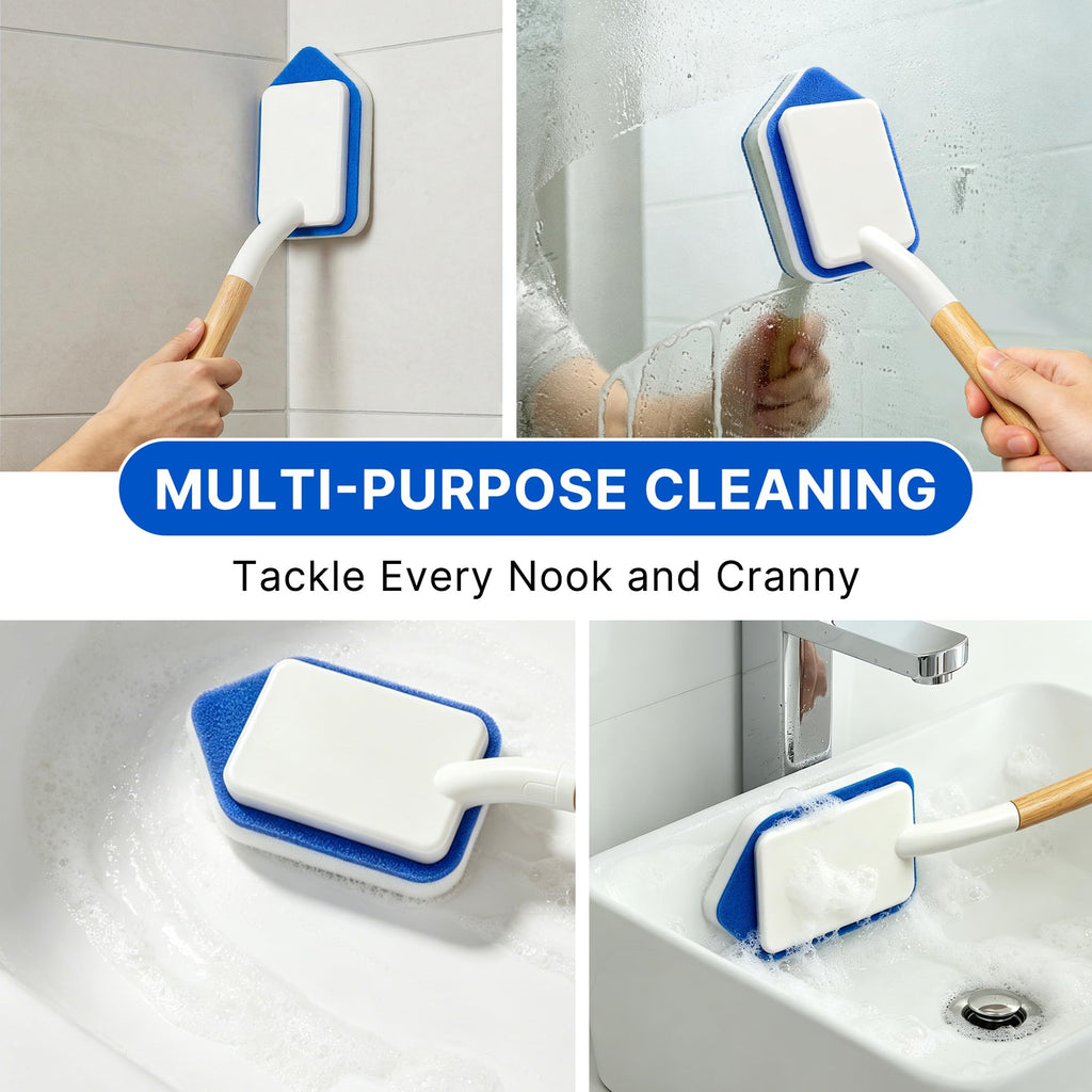 Tub Tile Scrubber Brush – 2 Pack with Wooden Handle, Includes 10 Melamine Sponge Eraser Heads | Non-Scratch Cleaner for Bathtub, Shower Wall, Grout, Kitchen Sink