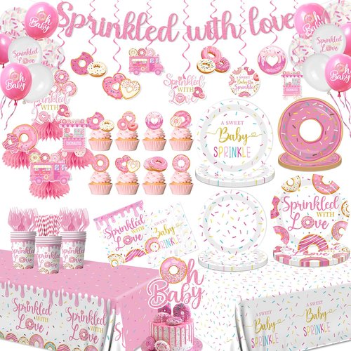 Baby Sprinkle Decorations for Girl, Sprinkled with Love Baby Shower Supplies Donut Plates Napkins Cups Tablecloth Banner Cake Topper, Honeycomb Centerpieces for Pink Donut Baby Shower Decorations
