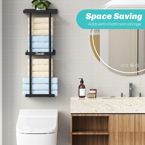 Towel Racks for Bathroom - Bathroom Towel Storage Rack Wall Mounted, Black Wall Towel Holder for Rolled Towels