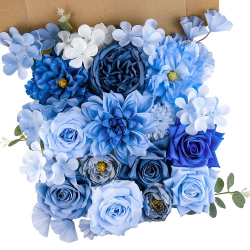 yuagolle Artificial Flowers for Home Decorations: Blue Silk Fake Flowers Bulk Boxed Set, Peony Roses Bouquets with Stems for Table Centerpiece, DIY Wedding, Bridal Shower, Graduation Cap & Tea Party
