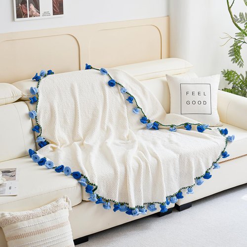 Crochet Flower Bouquet Throw Blanket, Handmade Knitted Blanket with Flowers, Cute Romantic Gift for Her Girlfriend Mom Mother’s Day Valentine Wedding Anniversary Birthday, Blue 60 Inches