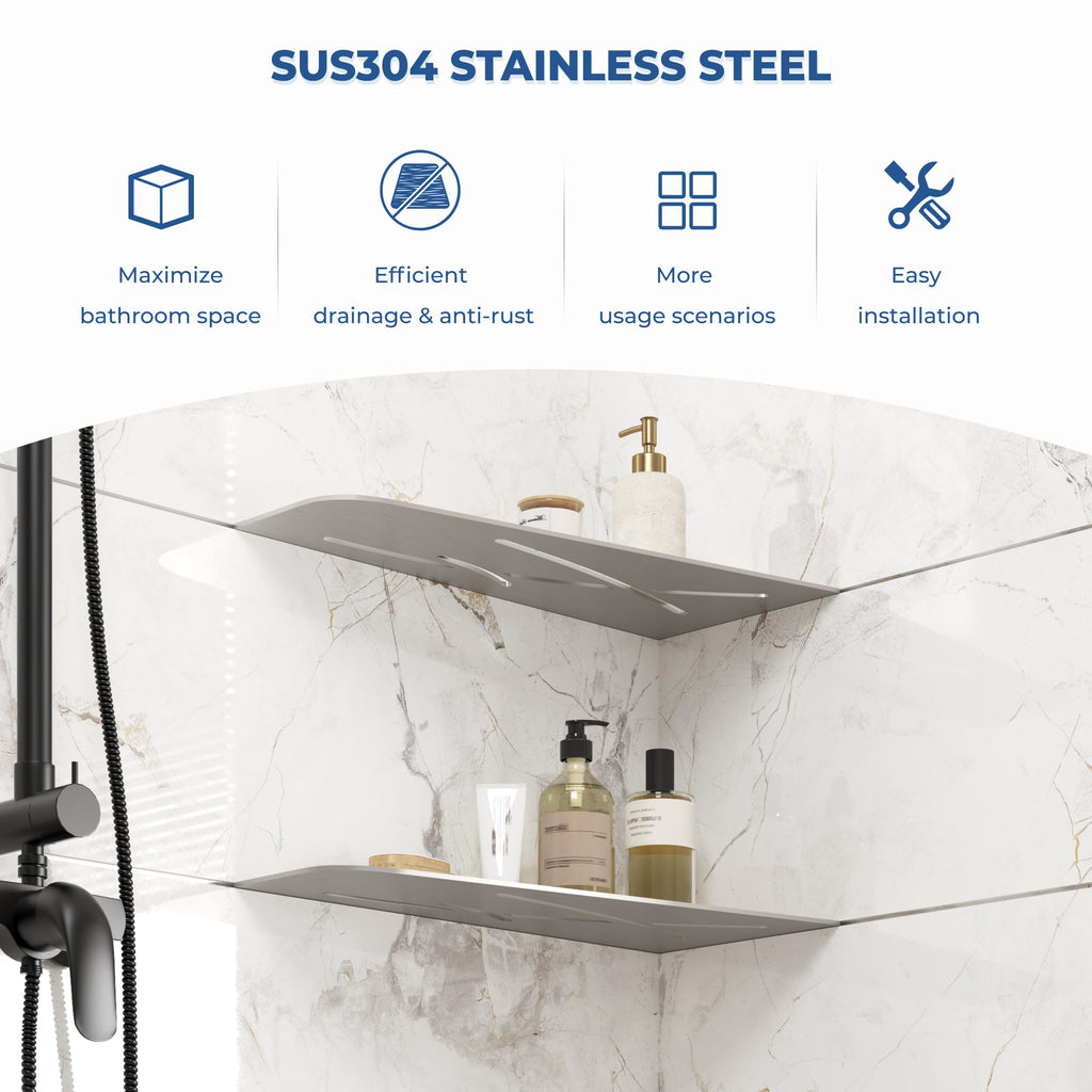 FerdY 2-Pack 12" Brushed Nickel Recessed Corner Shower Shelf, for Tiled Bathroom Walls, 304 Stainless Steel Floating Shower Shelf, Shower Caddy Storage Shelves, No Drilling Required, Trapezoidal