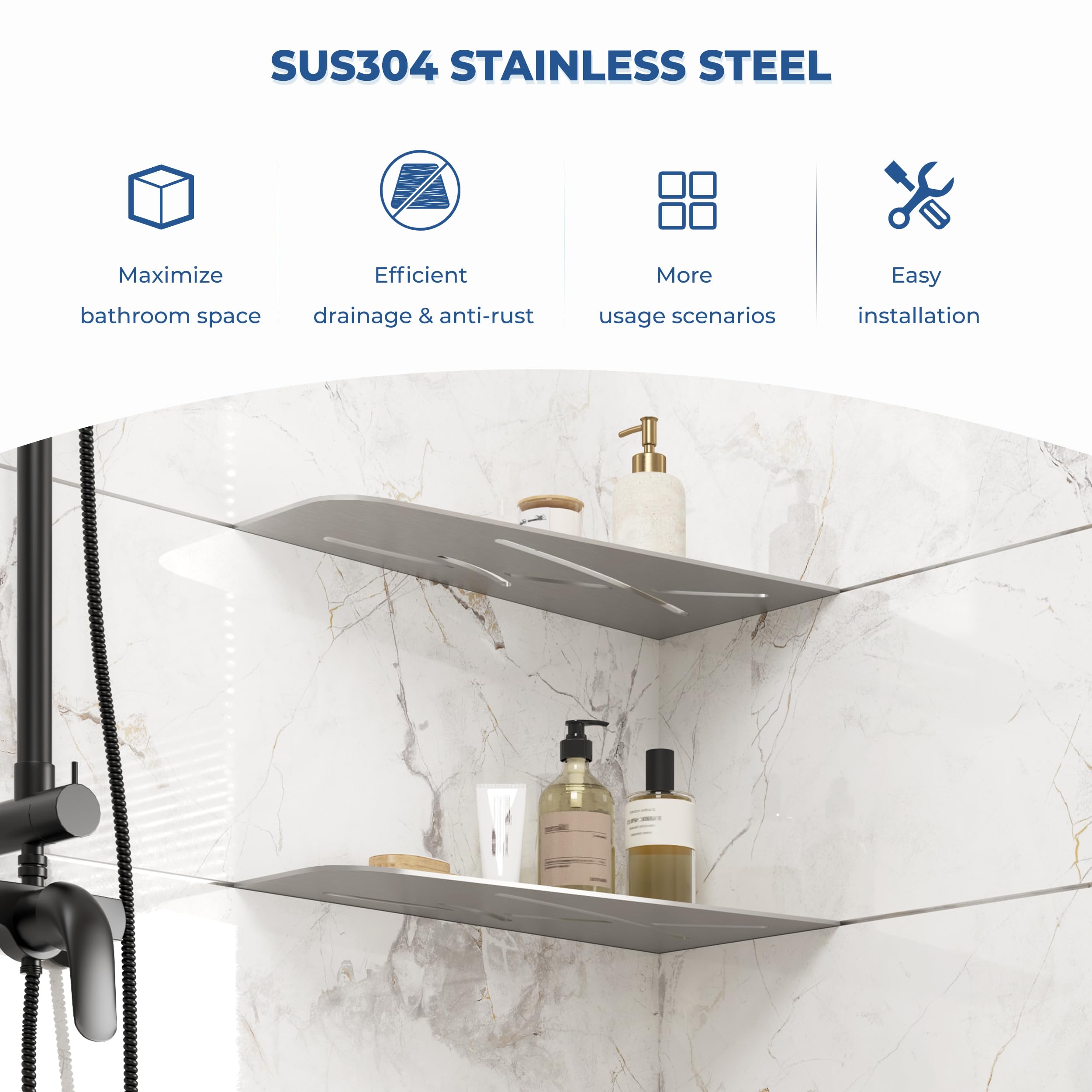 FerdY 2-Pack 12" Brushed Nickel Recessed Corner Shower Shelf, for Tiled Bathroom Walls, 304 Stainless Steel Floating Shower Shelf, Shower Caddy Storage Shelves, No Drilling Required, Trapezoidal