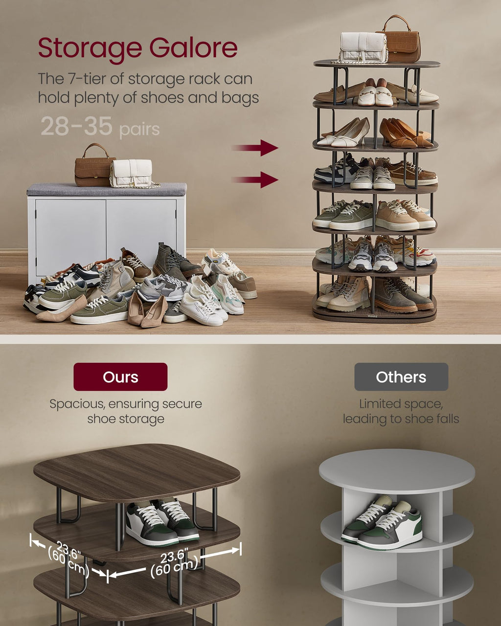 VASAGLE 7-Tier Shoe Rack, Rotating Shoe Rack Tower, Shoe Closet Organizer, Shoe Shelf, 28-35 Pairs, 23.6 x 23.6 x 47.2 Inches, for Entryway, Living Room, Closet, Ink Black and Ash Brown ULBS041B01