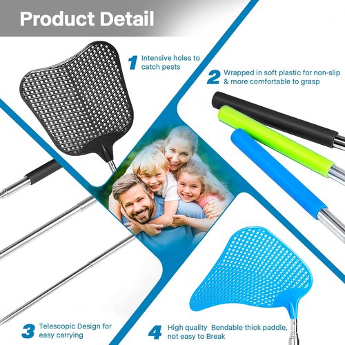 Begonia Telescopic Fly Swatter - Heavy Duty Manual Plastic with Stainless Steel Handle | 3 Pack