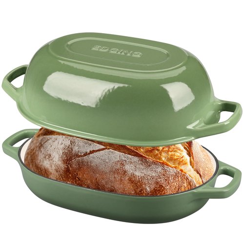 EDGING CASTING Enameled Cast Iron Oval Dutch Oven Pot with Lid, Dutch Oven for Sourdough Bread Baking, Oval Bread Pan, Bread Oven, Bread Dutch Oven, 7qt, Pistachio Green
