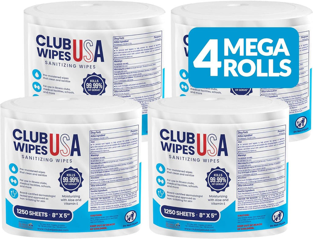 Sanitizing Wipes | 5000 Unscented Wipes - 8" x 5" | 4 Refill Mega Rolls for Dispensers - Ideal for Gyms, Restaurants, Offices