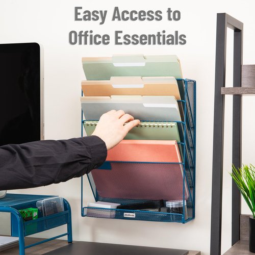 Mind Reader 5-Pocket Vertical File Storage, Desktop Organizer, Wall Mount, Office, Metal Mesh, Turquoise