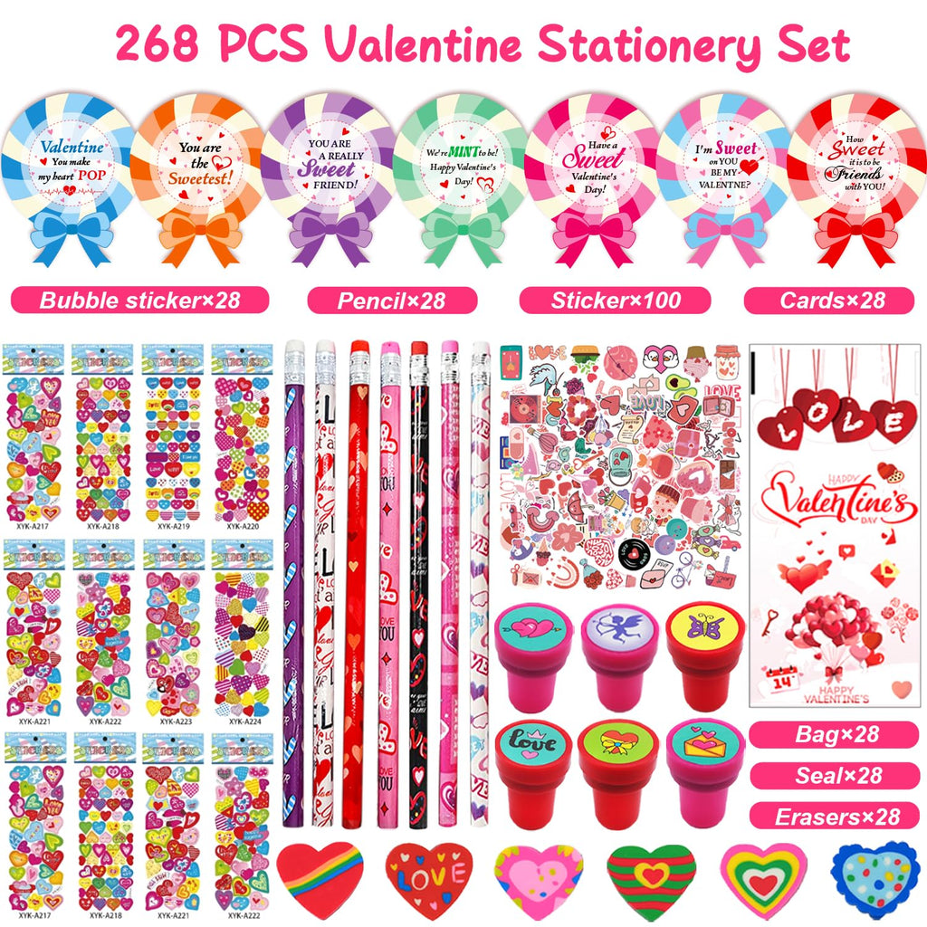 uscan 268pcs Valentines classroom gifts, valentine for class valentines day gifts cards bulk valentine gifts for kid classroom school valentines party favors goodie bags exchange treats for kid