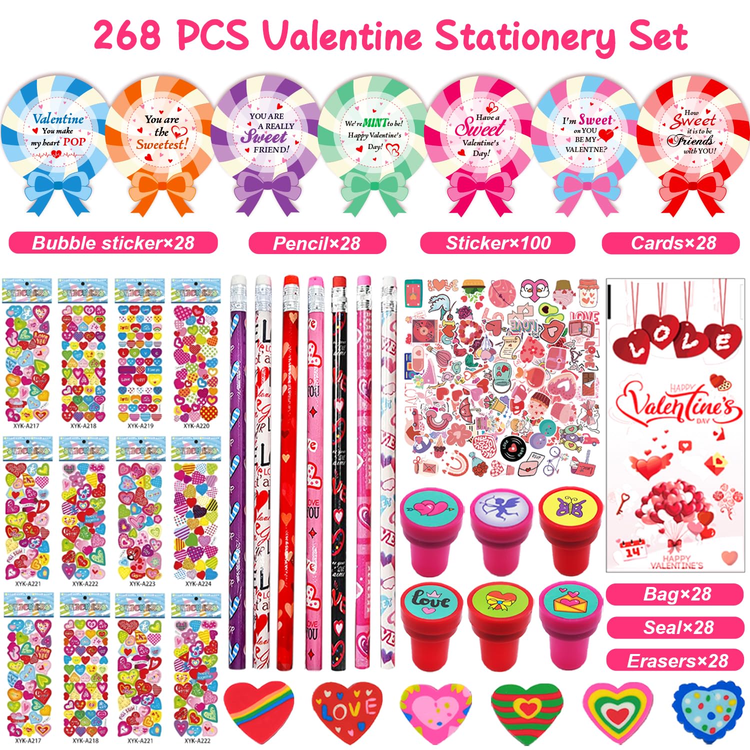 uscan 268pcs Valentines classroom gifts, valentine for class valentines day gifts cards bulk valentine gifts for kid classroom school valentines party favors goodie bags exchange treats for kid