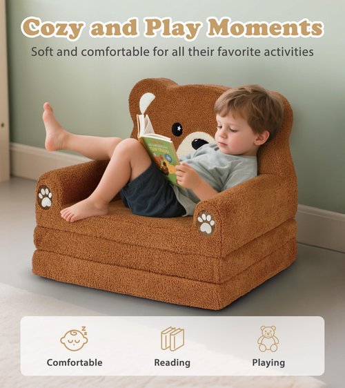 Foryoomi Kids Couch, 2-in-1 Soft Toddler Couch Fold Out with Blanket, Chair Comfy, Foldable Convertible Plush Sofa, Gifts for Kids Girl Boys, Bear