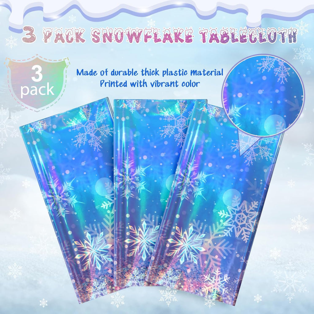 Skiennix Iridescent Snowflake Tablecloth - Holographic Blue & Purple | 54x108 Inch Disposable Cover
