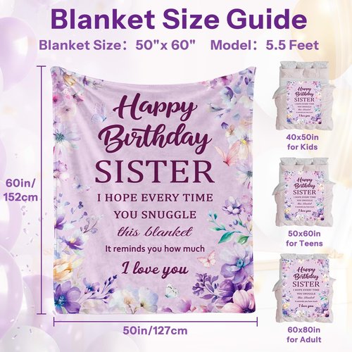Happy Birthday Sister Blanket, Sister Birthday Gifts, Happy Birthdays Gifts for Sisters, Birthdays Present for Sisters, Soft Flannel Throw Blanket, Purple, 50"X60"