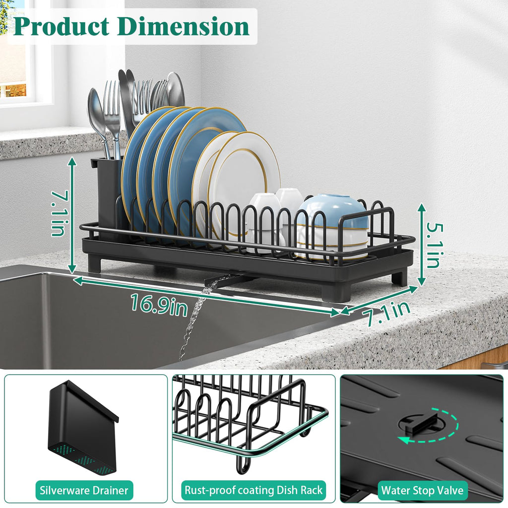 XYZLVSI Small Sink Dish Drying Rack with Drainboard, Compact Dish Drainer for Kitchen Countertop, Rustproof Plate Organizer with Utensil Holder, Black
