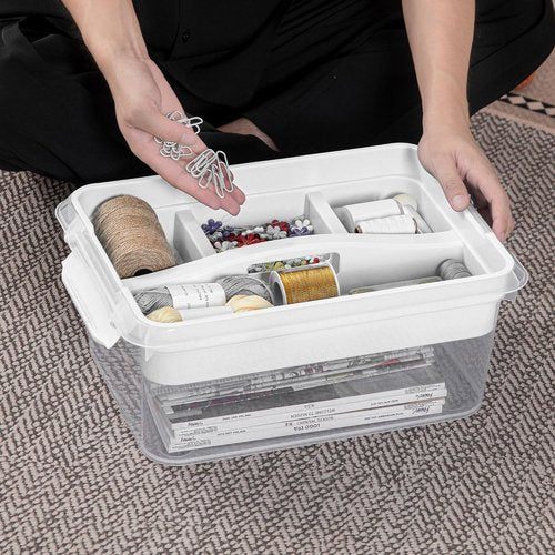 CraftGenes Craft Storage Box - 20 QT Clear Plastic Organizer with Removable Tray & Lids | White Playdoh Container for Supplies
