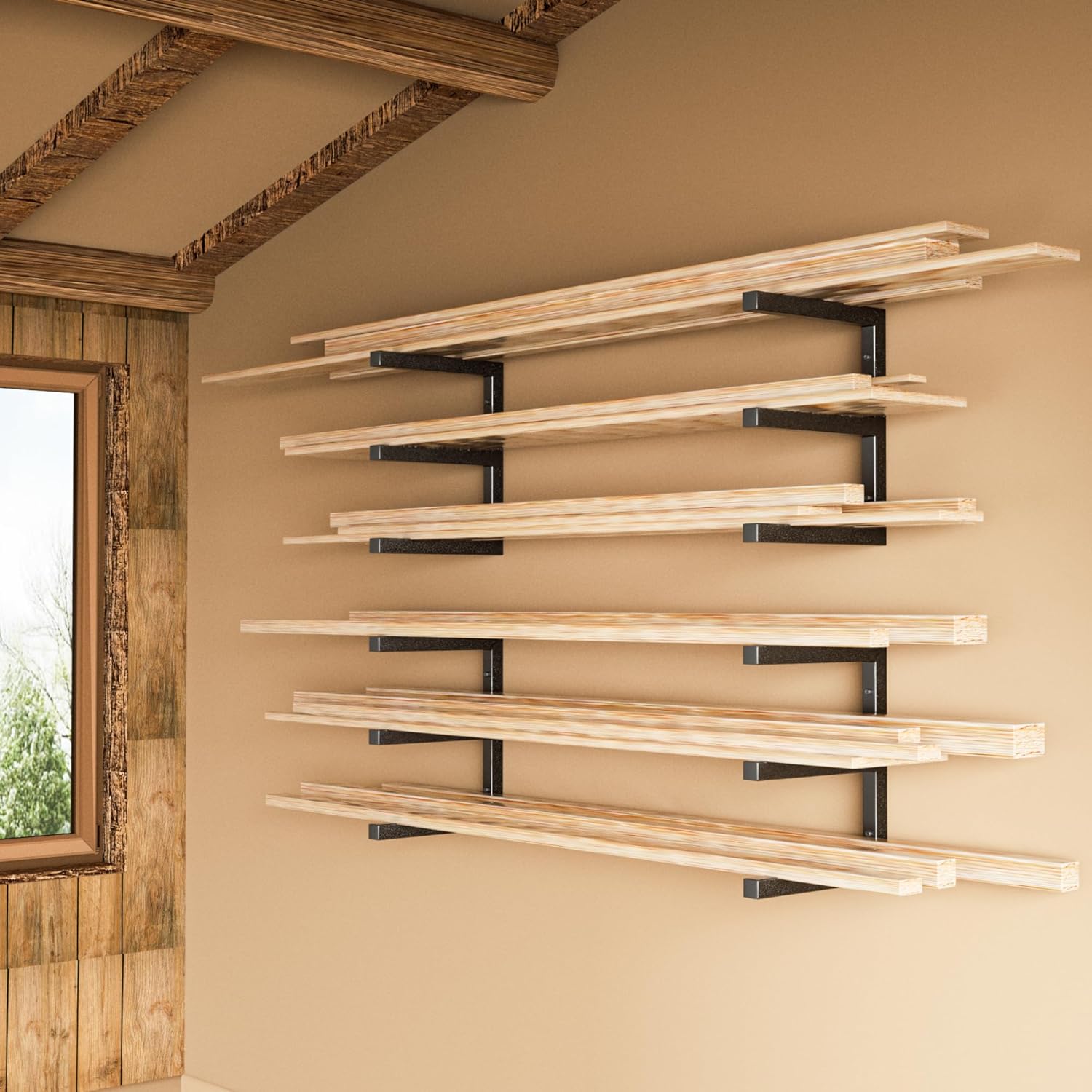 YYR Wood Organizer - Heavy Duty Metal Lumber Storage Rack | 6-Level Wall Mount, Holds 1200 LBS - Black