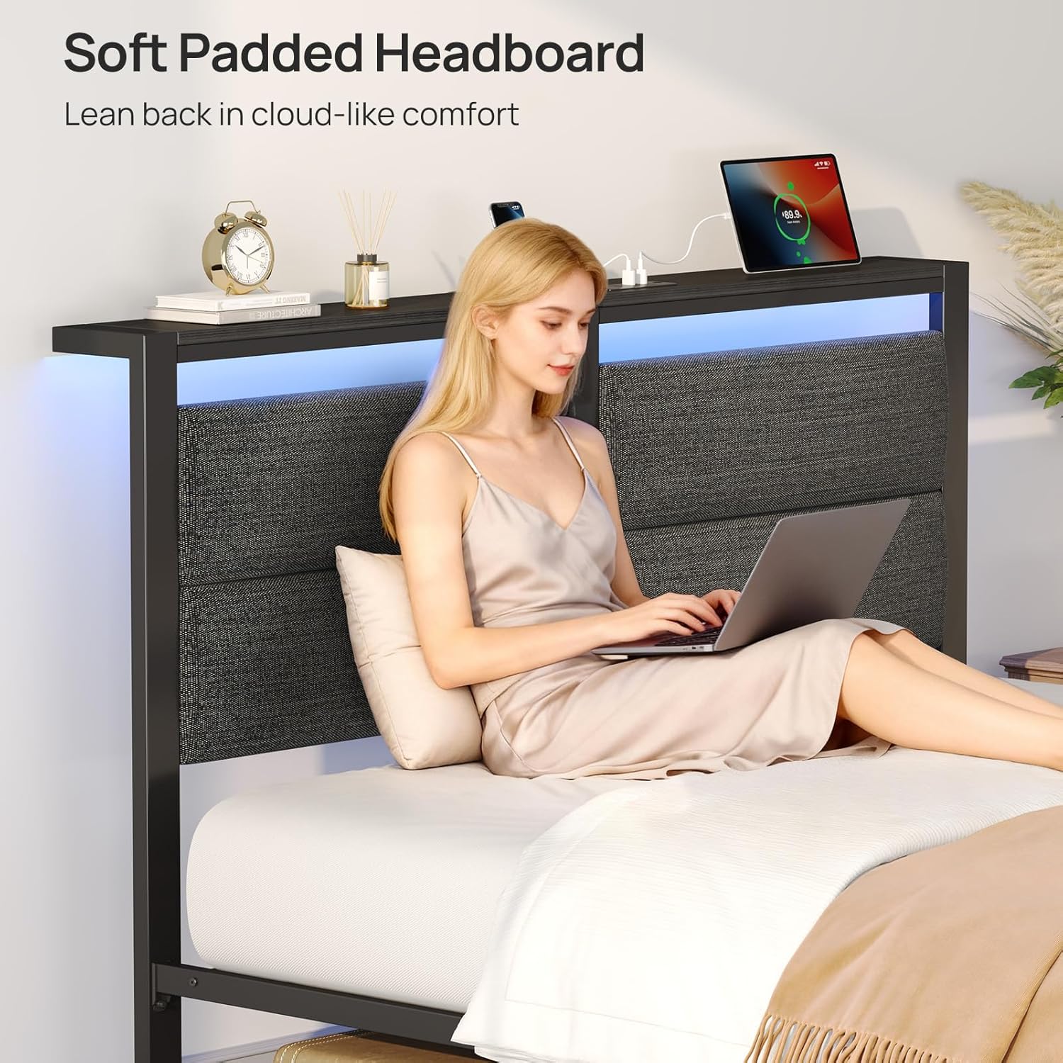 Rolanstar Full Size Bed Frame - Upholstered Storage Headboard with Charging Station & LED Lights | Grey