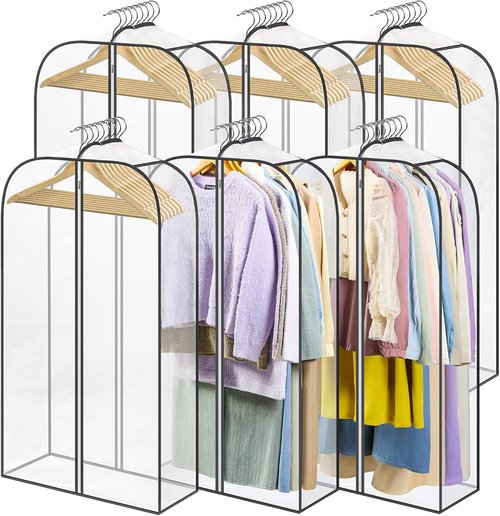 LANDNEOO Clear Garment Bags - 6 Pack Zippered Hanging Clothes Storage for Coats, Dresses, and Furs - 40'' Long