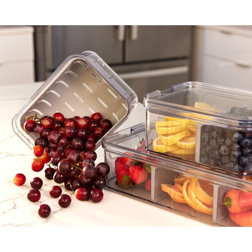iDesign Small Fridge Berry Bin with Removable Colander Basket and Lid - Set of 6 - Clear/Gray