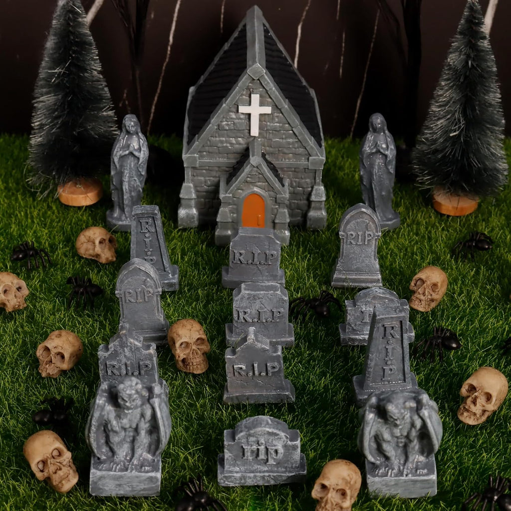 Rileryan Miniature Church Tombstones - 15 PCS Gargoyle & Virgin Figurines for Halloween Decor