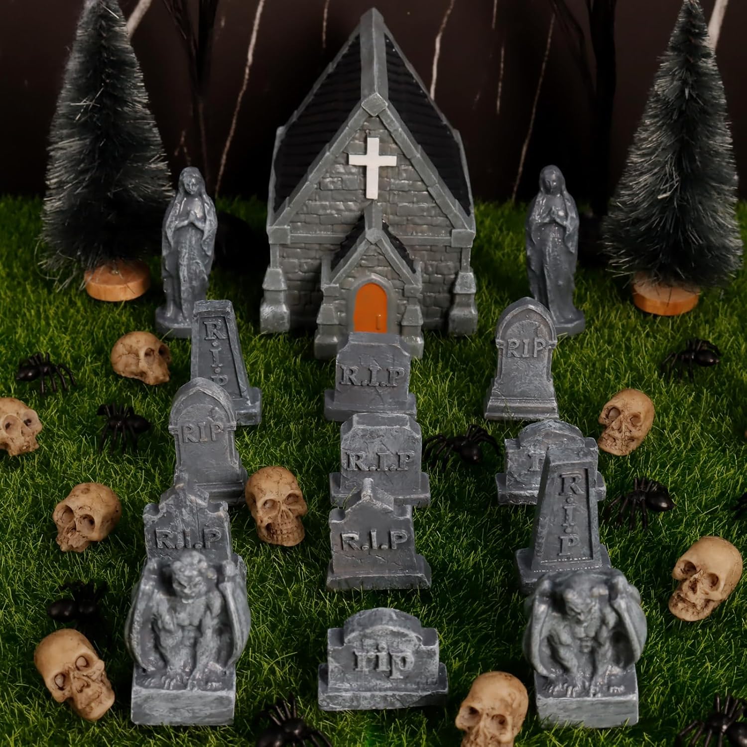 Rileryan Miniature Church Tombstones - 15 PCS Gargoyle & Virgin Figurines for Halloween Decor