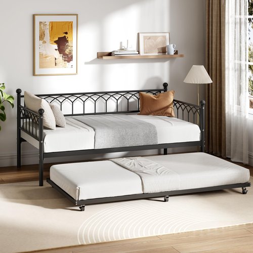 IDEALHOUSE Twin Size Metal Roll Out Trundle Bed Frame with Wheels and Slats Support, Black