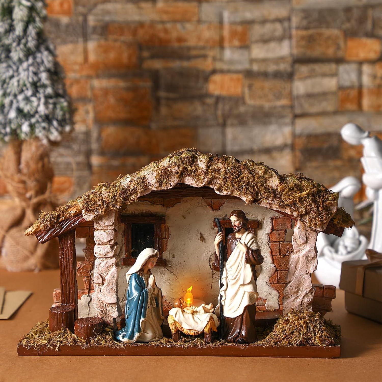 Barydat Christmas Nativity Creche - Realistic Resin Manger with Moss Roof | 10 x 7.87 x 5 Inches