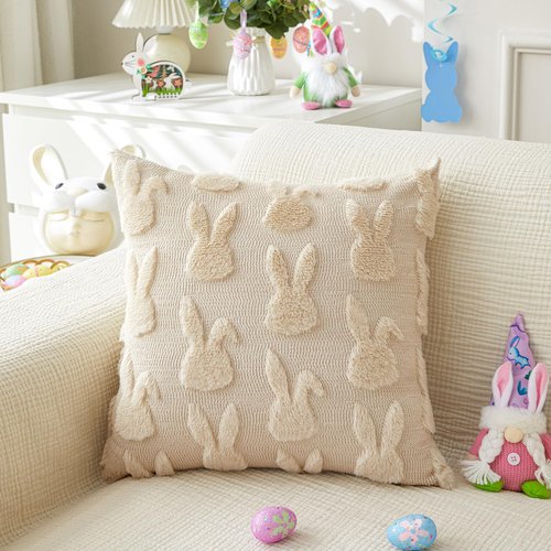 LOMCHEN Easter Throw Pillow Covers 18x18 inch Set of 2 for Easter Decorations Beige Bunny Rabbit Soft Plush Faux Fur Wool Pillow Covers for Sofa Living Room Couch Bed