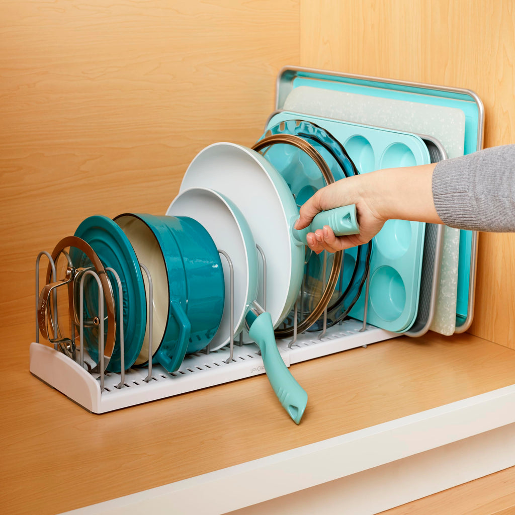 YouCopia StoreMore Expandable Pan and Lid Rack, 12.5"-22" Wide Adjustable Pan Organizer for Kitchen Cabinet Storage, Classic Edition