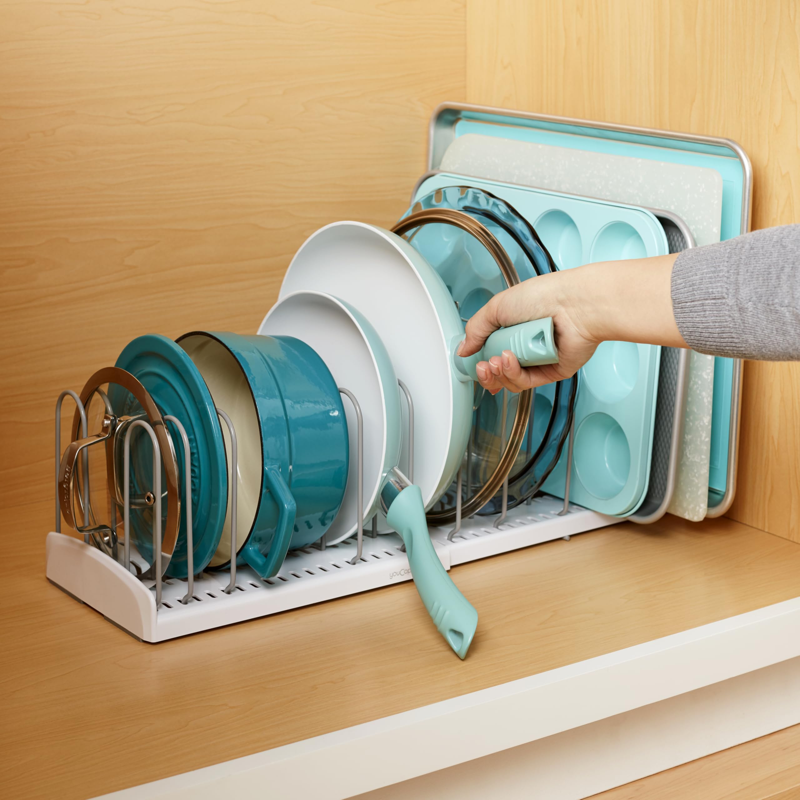 YouCopia StoreMore Expandable Pan and Lid Rack, 12.5"-22" Wide Adjustable Pan Organizer for Kitchen Cabinet Storage, Classic Edition